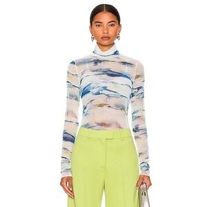 Jonathan Simkhai Standard Blue Watercolor Mesh Turtleneck Top Small